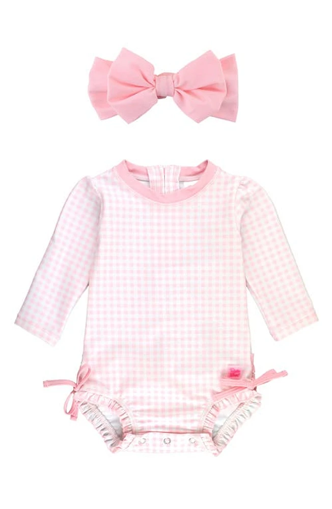 RuffleButts Gingham Long Sleeve One-Piece Swimsuit & Headband Set Pink at Nordstrom,