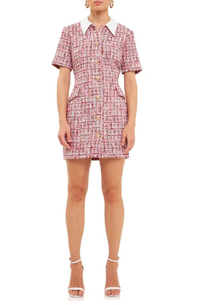 Endless Rose Point Collar Tweed Mini Shirtdress Pink Multi at Nordstrom,