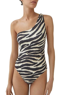 MANGO Asymmetric Animal Print One-Piece Swimsuit in Black at Nordstrom, Size Small