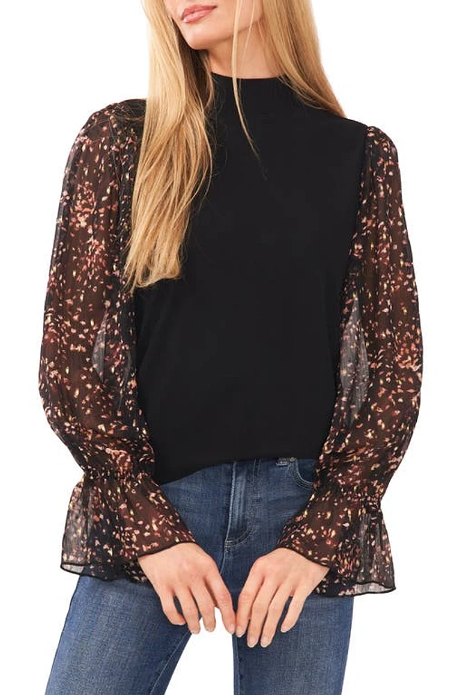 CeCe Mix Media Mock Neck Top Rich Black at Nordstrom,