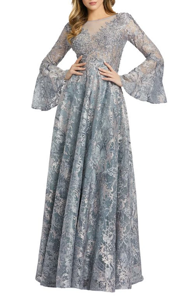 Mac Duggal Embellished Long Bell Sleeve Ballgown Grey Multi at Nordstrom,