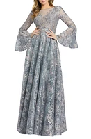 Mac Duggal Embellished Long Bell Sleeve Ballgown Grey Multi at Nordstrom,