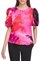 DKNY Print Puff Sleeve Satin Top Multi at Nordstrom,