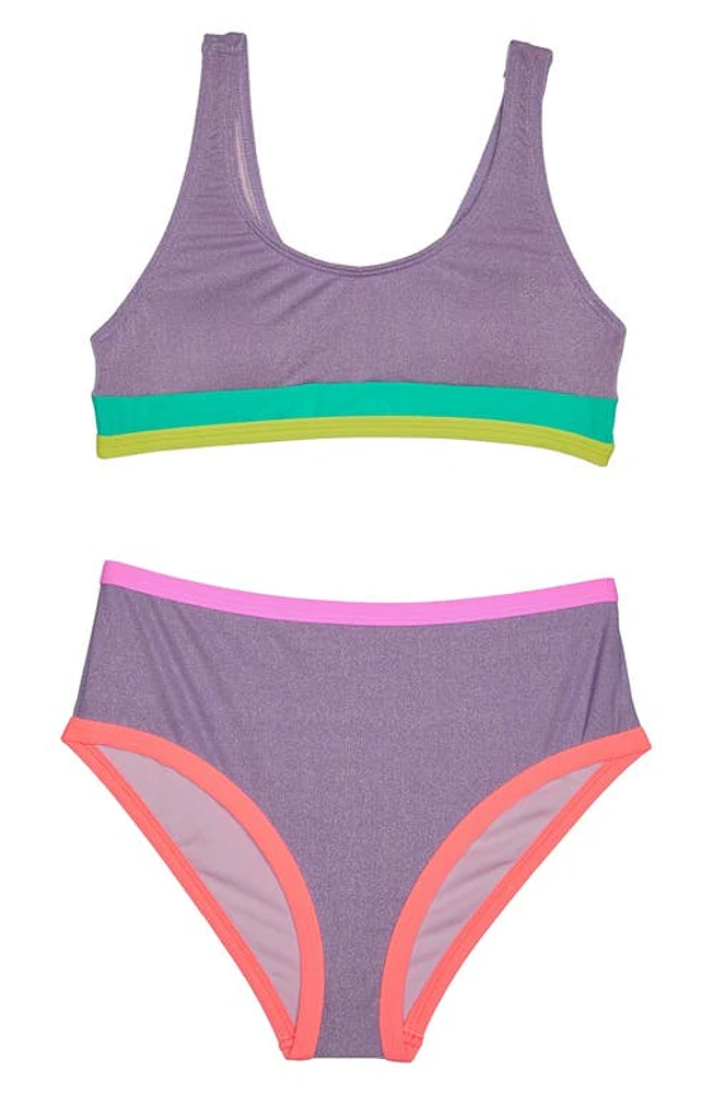 Beach Lingo Kids' Sparkle Colorblock Two-Piece Swimsuit Lilac at Nordstrom,