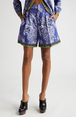 Etro Pleated Floral High Waist Cotton Shorts in Print On Blue Base at Nordstrom, Size 6 Us