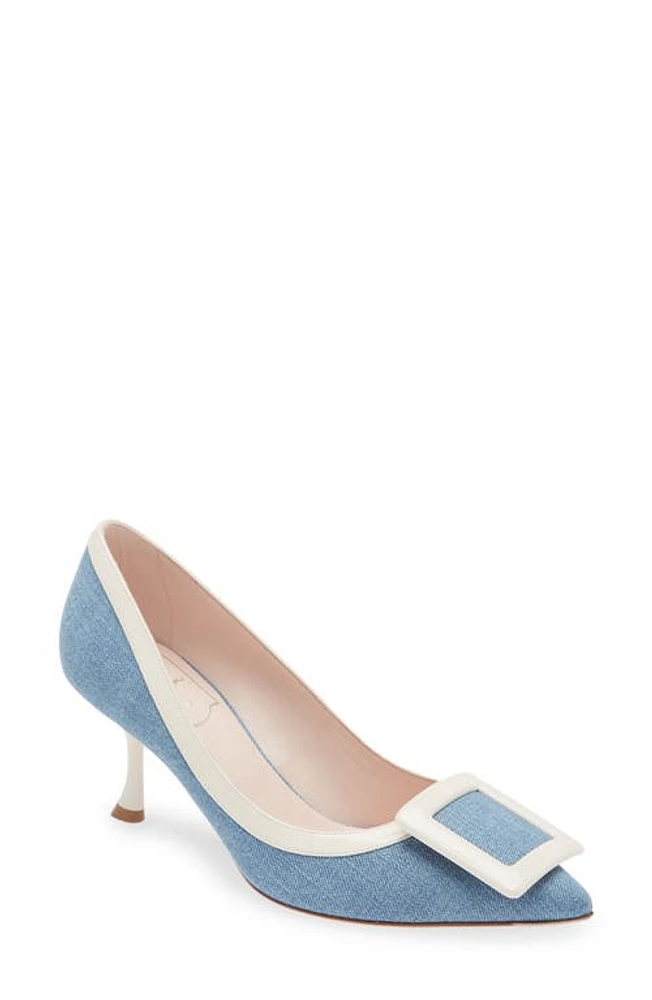 Roger Vivier Viv the City Pointed Toe Pump Denim/Ivory at Nordstrom,