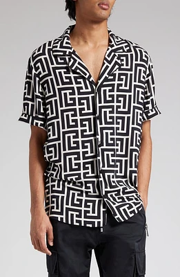 Balmain Macro Monogram Short Sleeve Pajama Shirt Ivory/Black at Nordstrom, Eu