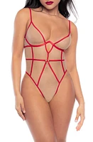 Mapale Sheer Mesh & Contrast Binding Teddy Nude/Red at Nordstrom