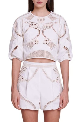 maje Liany Lace Inset Crop Cotton Poplin Top Ecru at Nordstrom,