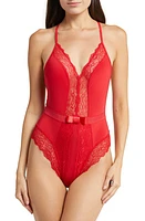 Black Bow Henny Satin & Lace Thong Bodysuit at Nordstrom,