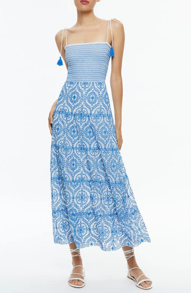 Alice + Olivia Marna Mixed Embroidery Smocked Sundress Off White/French Blue at Nordstrom,