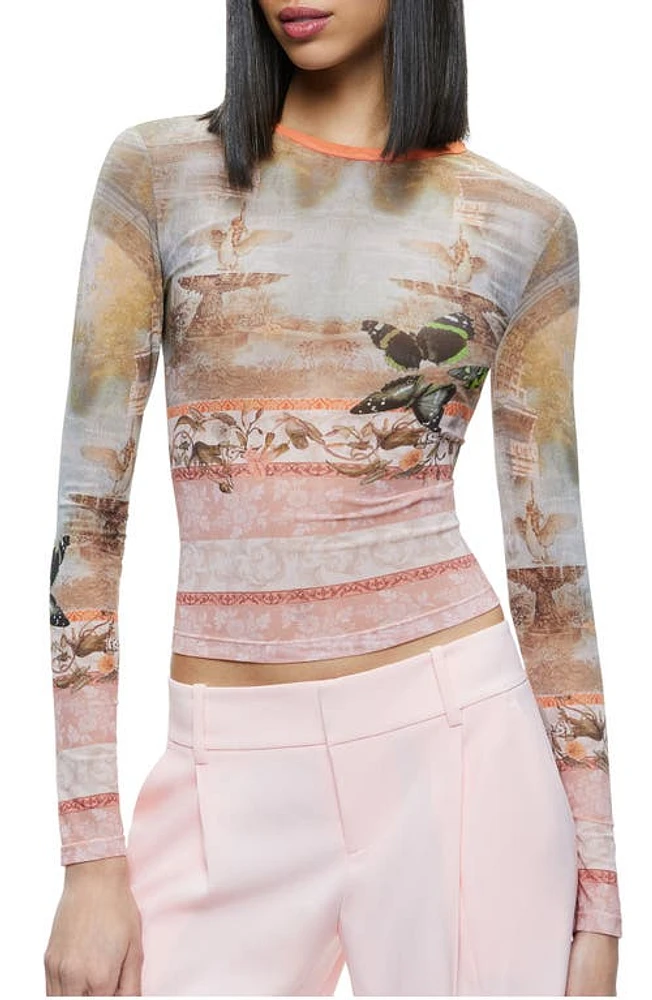 Alice + Olivia Delaina Mixed Print Mesh Crop Top Versailles at Nordstrom,