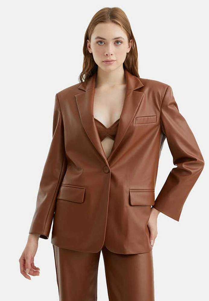 Nocturne Shoulder Pad Pleather Jacket in Camel at Nordstrom