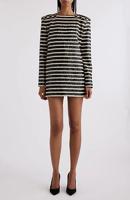 Balmain Stripe Sequin Long Sleeve Minidress Black/White at Nordstrom, Us