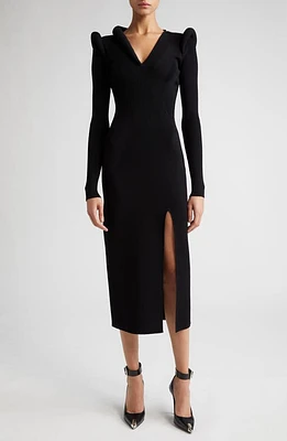 Alexander McQueen Padded Shoulder Rib Long Sleeve Midi Dress 1000 Black at Nordstrom,