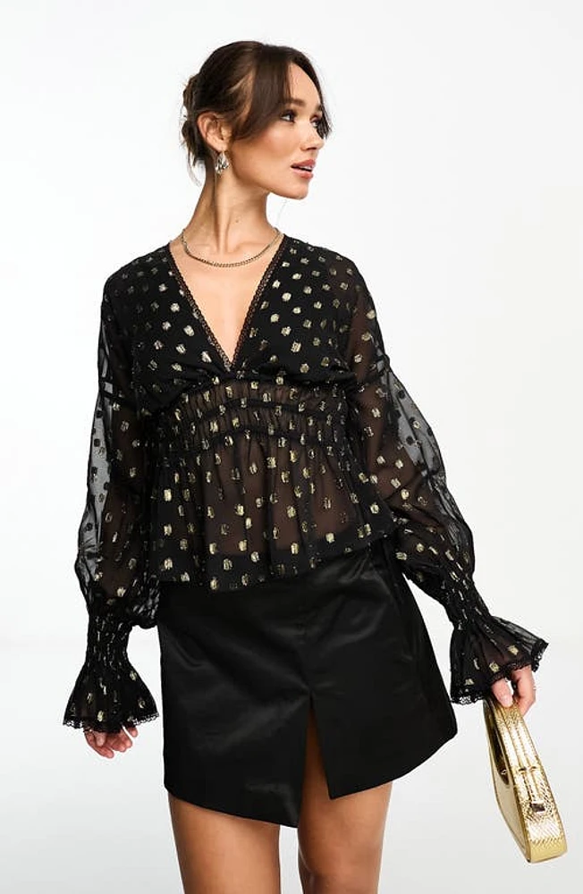 ASOS DESIGN Metallic Accent Blouson Sleeve Top in Black at Nordstrom, Size 2 Us