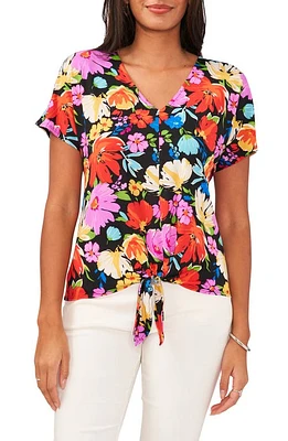 Chaus Floral V-Neck Tie Front Top Black at Nordstrom,