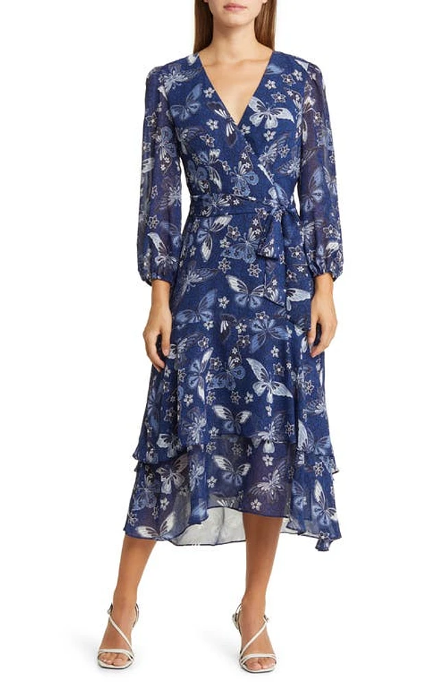 Eliza J Floral Long Sleeve Faux Wrap Midi Dress Navy at Nordstrom,