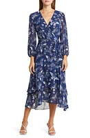 Eliza J Floral Long Sleeve Faux Wrap Midi Dress Navy at Nordstrom,