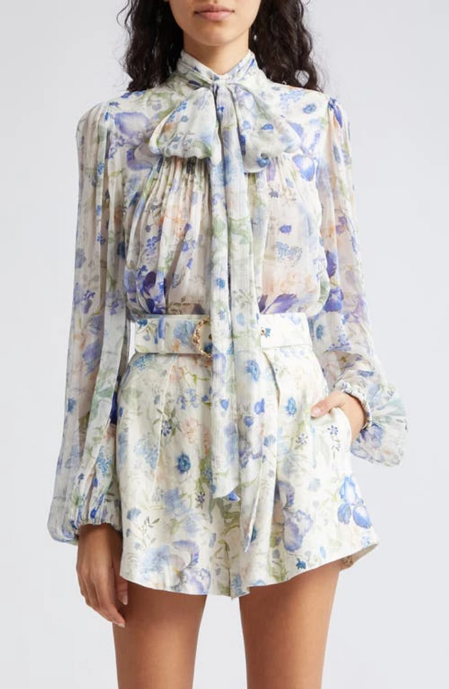 Zimmermann Natura Floral Print Tie Neck Shirt Blue Garden at Nordstrom,