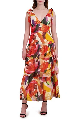 Julia Jordan Tie Sleeve Tiered Midi Dress Red Multi at Nordstrom,