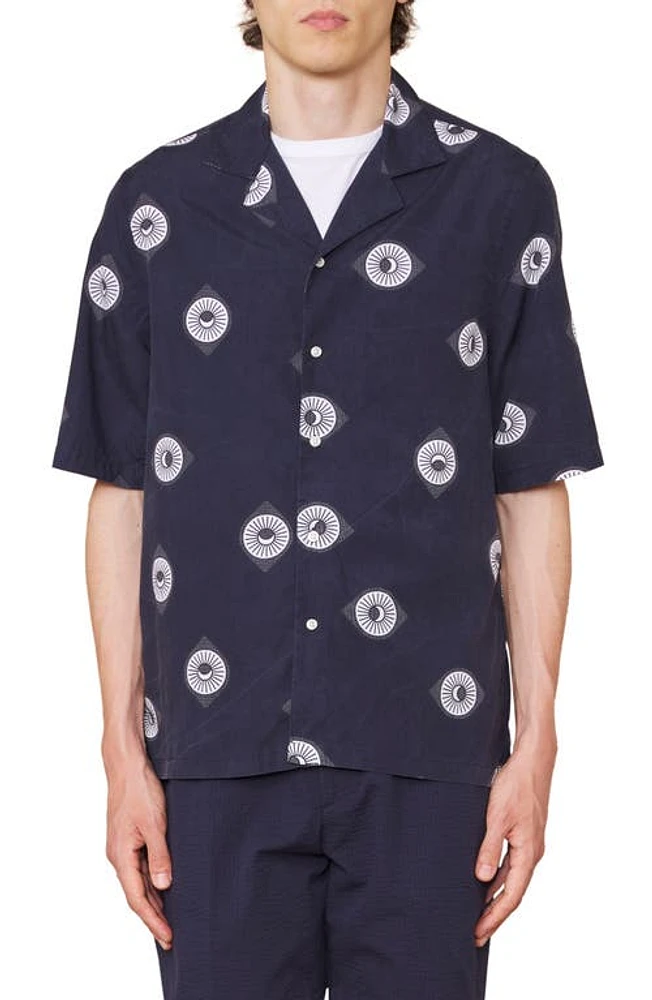 Officine Générale Eren Sun & Moon Print Short Sleeve Button-Up Shirt Night Sky/Ecru at Nordstrom,