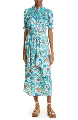 Loretta Caponi Elena Floral Puff Sleeve Smocked Maxi Dress in Surfinas at Nordstrom, Size X-Small