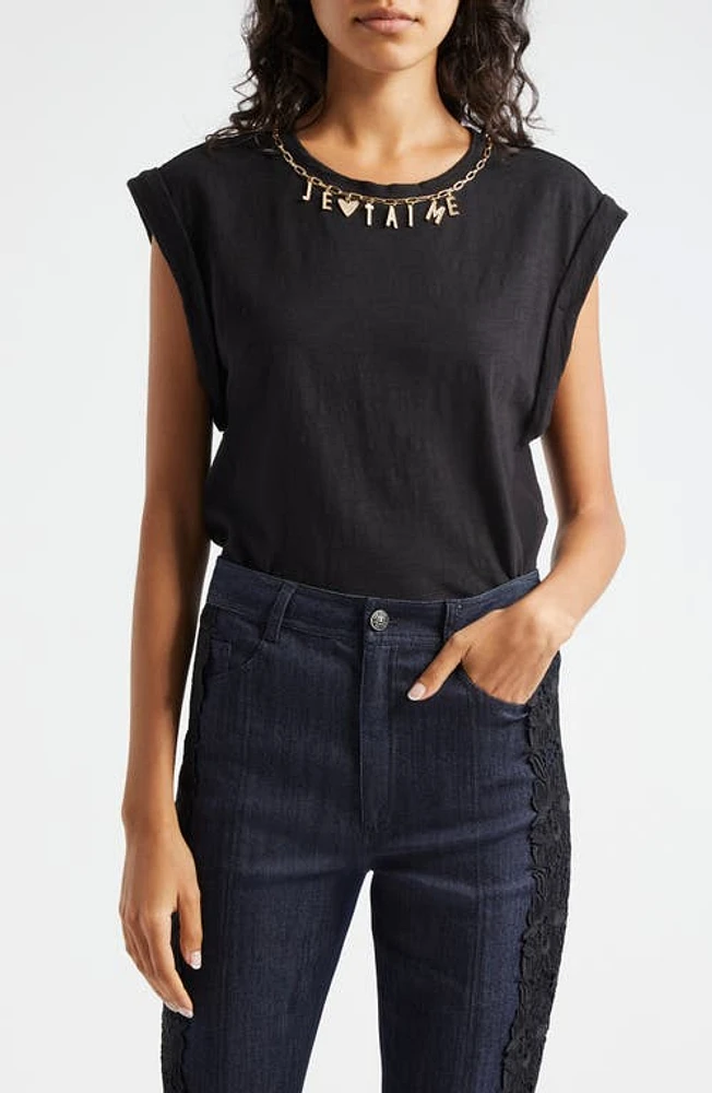 Cinq à Sept Je T'Aime Bella Necklace Accent Cotton Crop Top Black at Nordstrom,