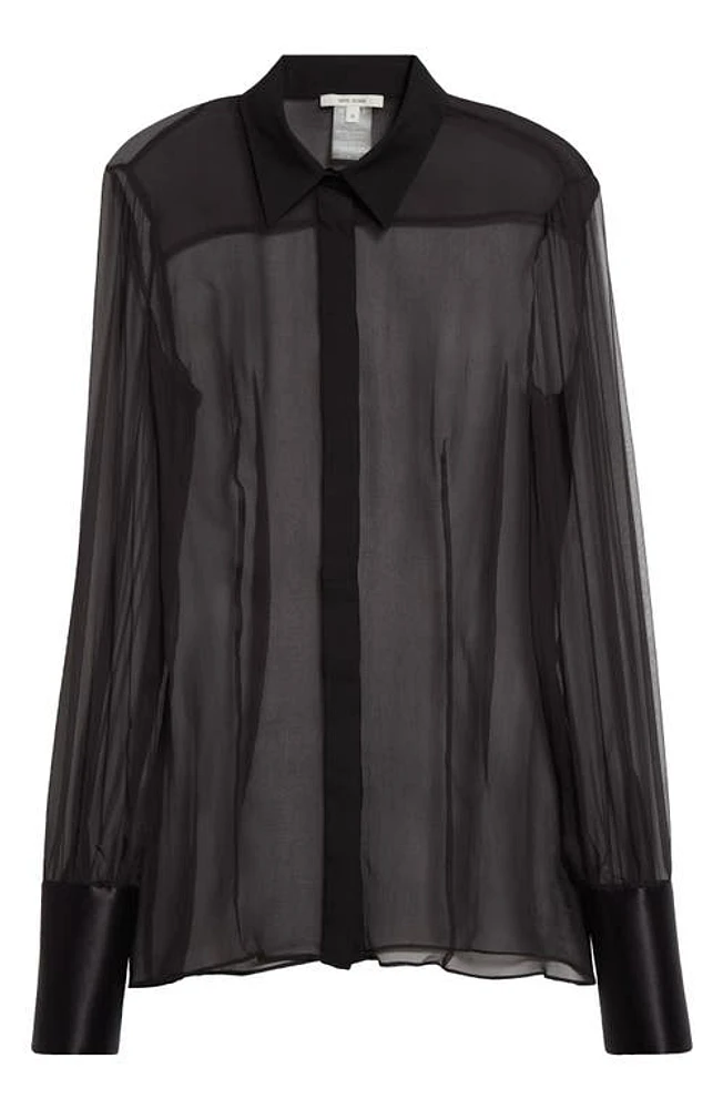 Nensi Dojaka Fitted Satin Cuff Georgette Button-Up Shirt Black at Nordstrom,