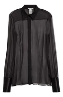 Nensi Dojaka Fitted Satin Cuff Georgette Button-Up Shirt Black at Nordstrom,