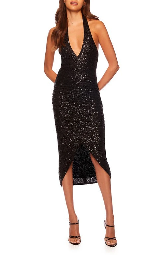 Susana Monaco Sequin Plunge Neck Halter Dress Black at Nordstrom,