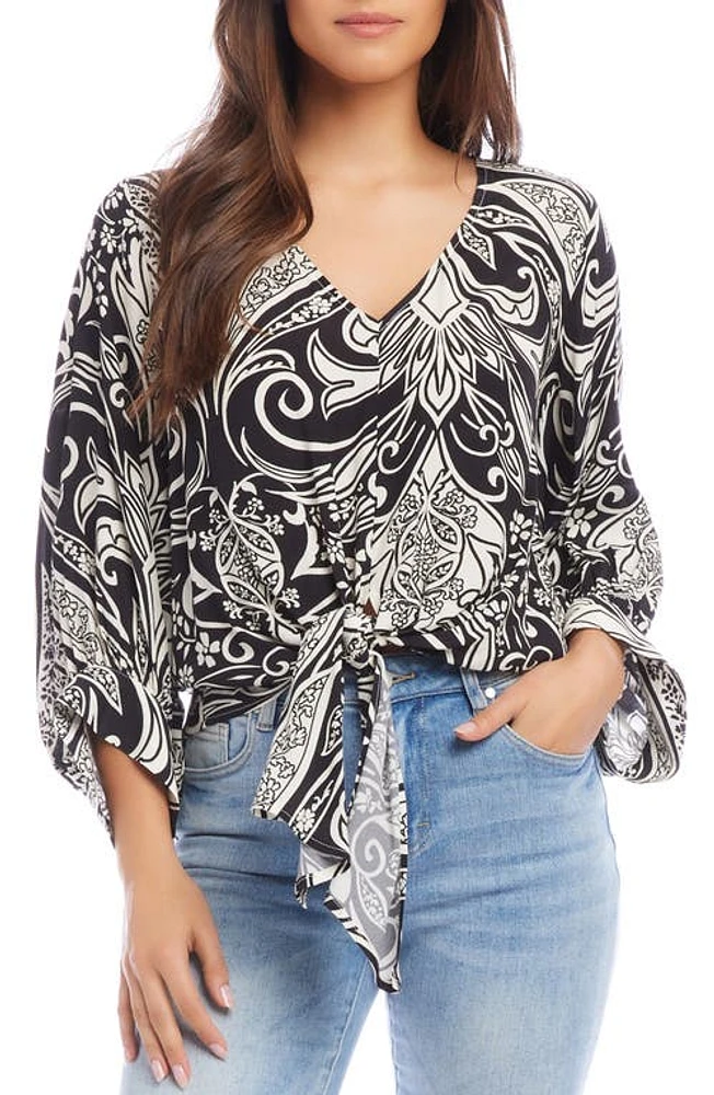 Karen Kane Paisley Print Tie Front Top Black at Nordstrom, P