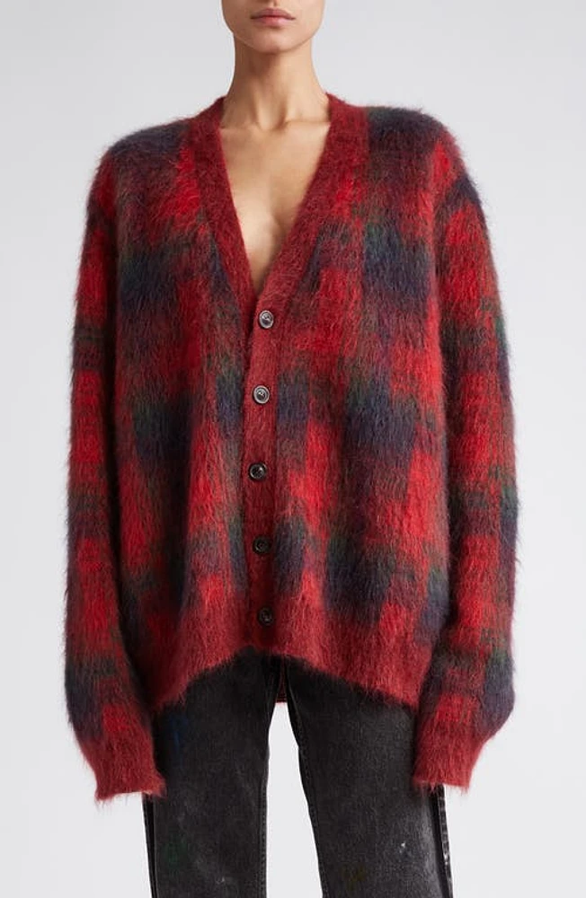 Maison Margiela x Pendleton Plaid Mohair & Wool Blend V-Neck Cardigan Red/Dark Green/Bordeaux at Nordstrom,