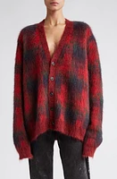 Maison Margiela x Pendleton Plaid Mohair & Wool Blend V-Neck Cardigan Red/Dark Green/Bordeaux at Nordstrom,