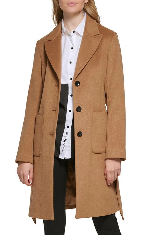 Karl Lagerfeld Paris Belted Wool Blend Patch Pocket Coat Camel at Nordstrom,