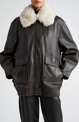 Stand Studio Danata Genuine Shearling Collar Lambskin Leather Jacket Worn Black at Nordstrom, Us