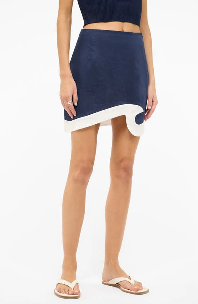 STAUD Leandro Trim Asymmetric Linen Miniskirt Navy/White at Nordstrom,