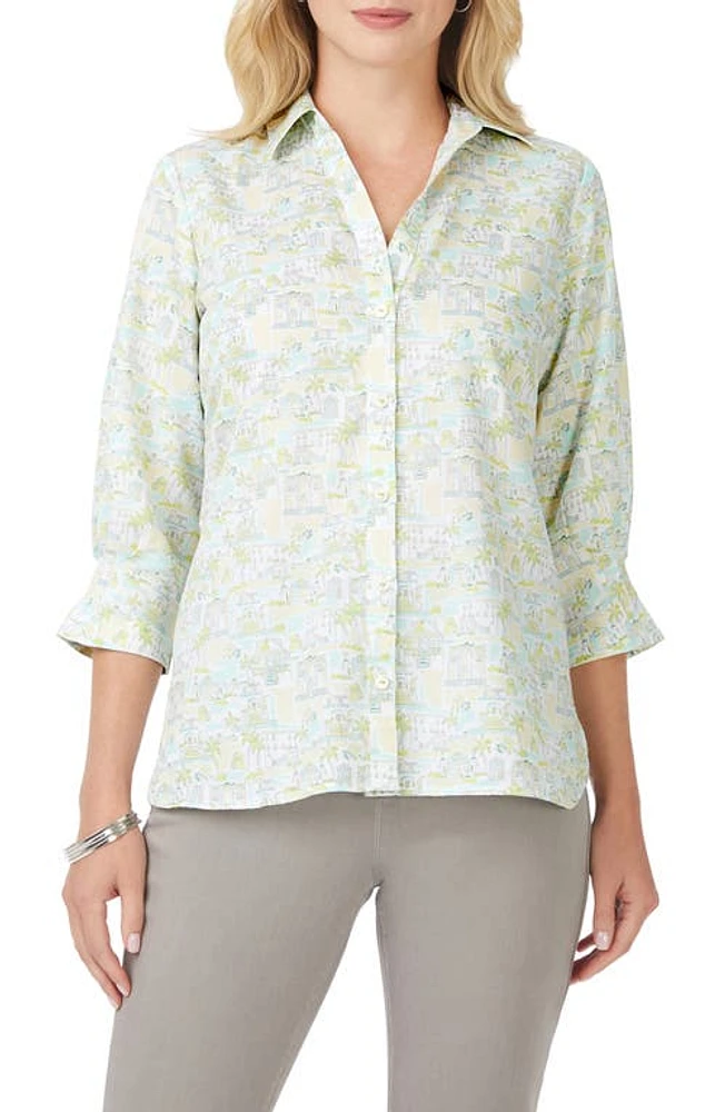 Foxcroft Meryl Coast to Print Cotton Button-Up Shirt Sea Mist at Nordstrom,