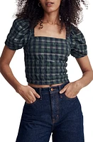 Madewell Hopewell Plaid Puff Sleeve Crop Top in Forest at Nordstrom, Size X-Large