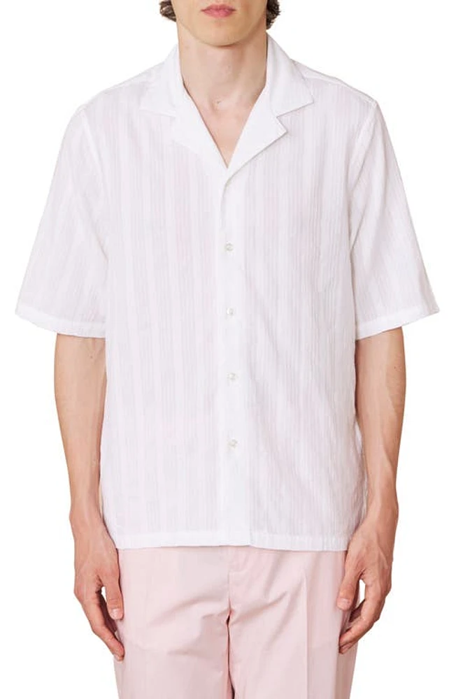 Officine Générale Eren Stripe Short Sleeve Cotton Button-Up Shirt White at Nordstrom,