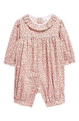 Rachel Riley Floral Ruffle Neck Cotton Romper in Pink at Nordstrom