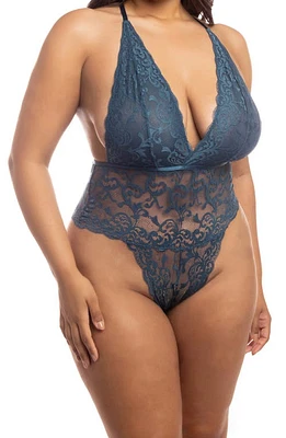 Oh La La Cheri Jeana Plunge High Leg Galloon Lace Bodysuit in Reflecting Pond at Nordstrom, Size 1X