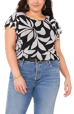 Vince Camuto Floral Flutter Sleeve Mesh Top Rich Black at Nordstrom,