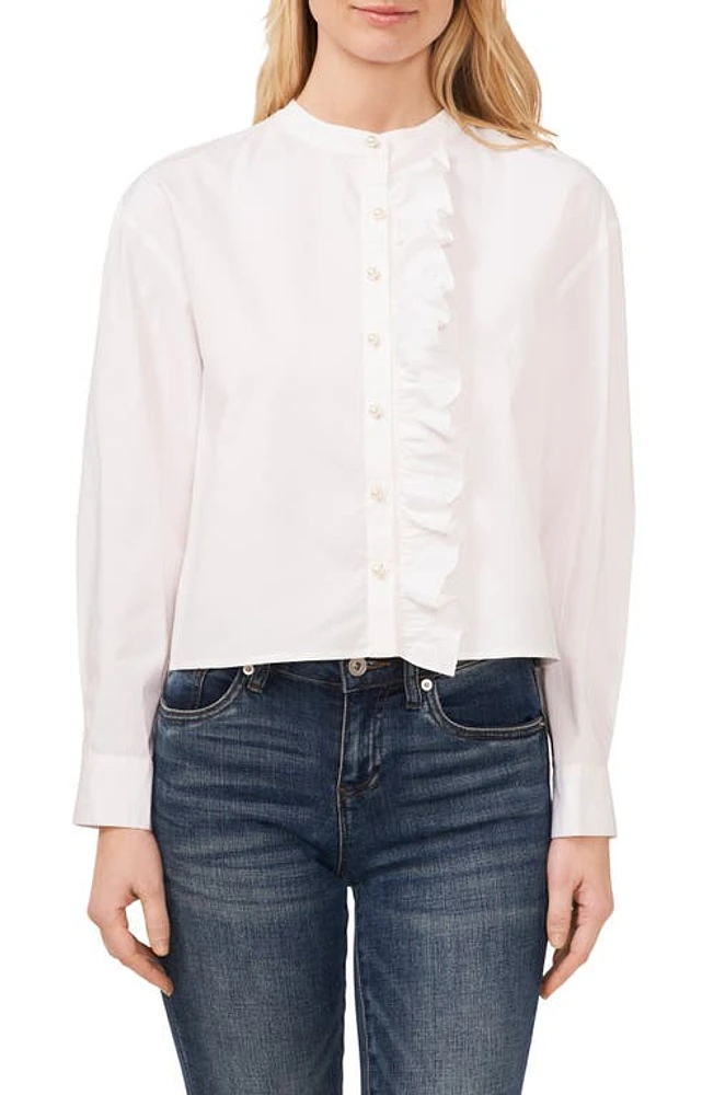 CeCe Imitation Pearl Detail Stretch Cotton Poplin Button-Up Shirt Ultra White at Nordstrom,