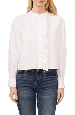 CeCe Imitation Pearl Detail Stretch Cotton Poplin Button-Up Shirt Ultra White at Nordstrom,