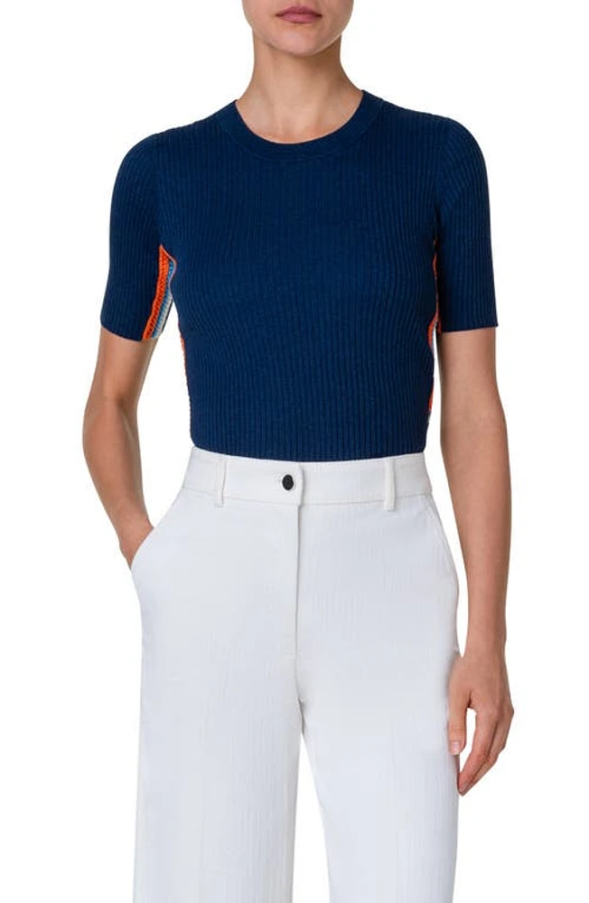 Akris punto Side Stripe Short Sleeve Rib Sweater Ink-Multicolor at Nordstrom,