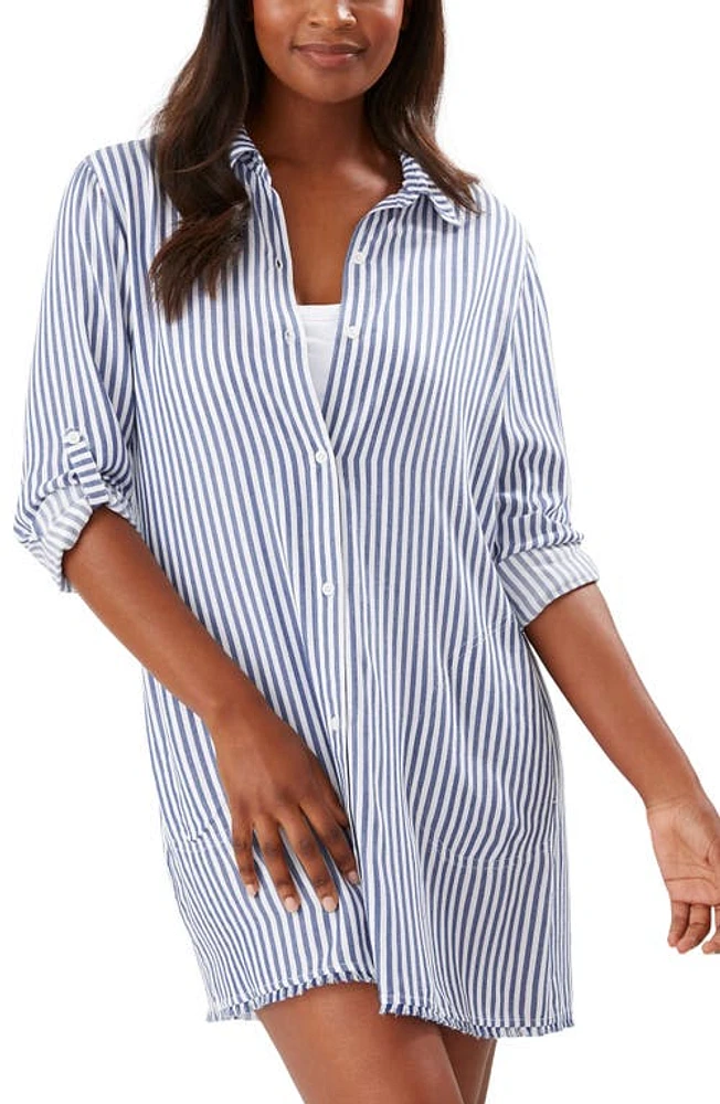 Tommy Bahama Chambray Stripe Long Sleeve Cover-Up Boyfriend Shirt at Nordstrom,