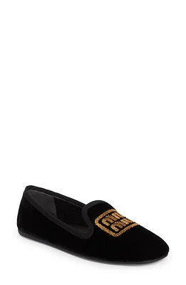 Miu Pantofola Logo Embroidered Velvet Flat Black at Nordstrom,