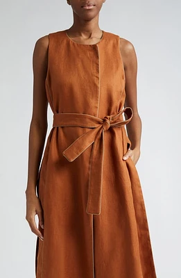 Max Mara Aureo Linen Belted Longline Vest Tobacco at Nordstrom,