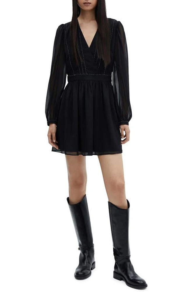 MANGO Flowy Beaded Long Sleeve Dress Black at Nordstrom,